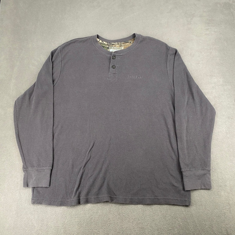 Realtree Mens 2XL Gray Waffle Knit Henley Shirt Long Sleeve Thermal Camo Trim